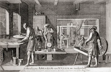 Abraham van Wylicks fabrik, Amsterdams sidenindustri, ur "Geschiedenis van Nederland", utgiven 1936 (litografi)