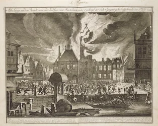 Brand i det gamla stadshuset i Amsterdam, 17 juli 1652, från en bok om brandbekämpning i Holland, publicerad ca 1700