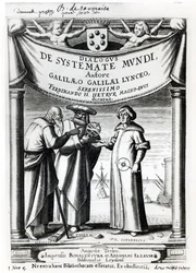 Frontispice av Dialogus De Systemate Mundi av Galileo (1564-1642), publicerad i Leyden 1635