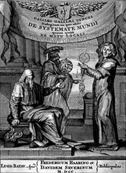 Frontispice av Dialogus De Systemate Mundi av Galileo, utgåva publicerad 1641
