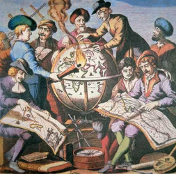 Frontispice av holländsk kartatlas som visar en grupp kartografer och instrument, ca 1710 (färg litho)