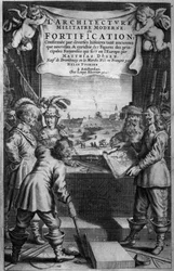 Frontispice till LArchitecture Militaire Moderne, ou Fortification av Matthias Dogen, graverad av Theodor Matham (ca 1606-76), pub. av Chez Louis Elzevier, Amsterdam, 1648
