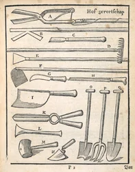 Trädgårdsredskap, från The Dutch Gardener av Johann van der Groen, publicerad 1699