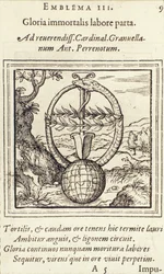 Det odödliga arbetets ära vann, illustration från Emblemata av Adrianus Junius, utgiven av Christophe Plantin, Anvers, 1565