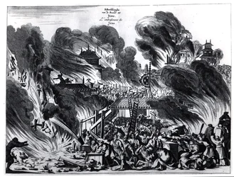 Den stora elden i Yedo (Tokyo) på 1600-talet, illustration från Arnold Montanus berättelse om ambassader skickade av Holländska Ostindiska kompaniet till kejsaren av Japan, publicerad i Amsterdam 1680