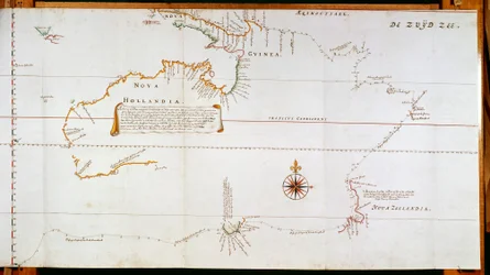 Karta över New Holland, nu Australien, och över Nya Zeeland, hämtad från information som samlats in under resor som genomförts av Abel Janszoon Tasman