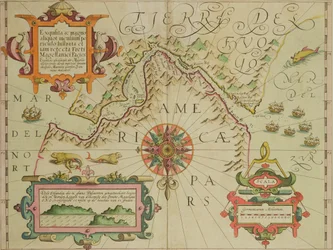 Karta över Magellansundet, Patagonien, från puben Mercator Atlas. av Jodocus Hondius (1563-1612) Amsterdam, 1606