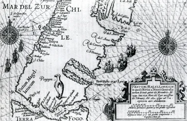 Karta över Magellansundet, skylt från Oliver van Noorts beskrivning av hans resa, 1602
