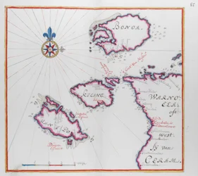 Karta som visar en del av ön Ceram (Seram) och Bonoa (Boano Island) och Kelang Island och Manipa Island.