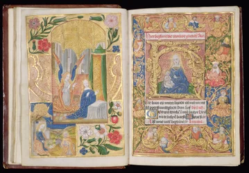 Ms 144, ff.13v-14r: The Annunciation and Virgin and Child, miniatyrer från en timbok, Use of Utrecht, c.1500-20 (bladguld och guld & färgade bläck på pergament)