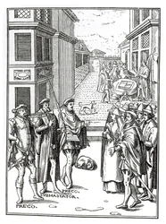 Försäljning av Town Crier, efter ett träsnitt i Praxis Rerum Civilium av Joos de Damhouder (1507-81) publicerad Antwerpen, 1557
