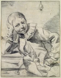 Skolpojke vid sitt skrivbord, ca 1630-45 (krita på papper)