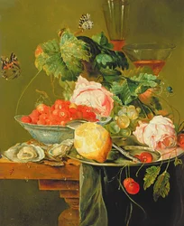 Stilleben av rosor, ostron, jordgubbar i en porslinsskål och andra frukter på tenngods, ca 1820