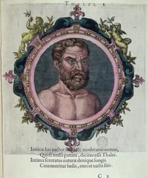 Thales of Miletus (c.625-547 f.Kr.), illustration från Forntida och nyare fysik och filosofers ikoner av Johannes Sambucus (1531-1584), publicerad av Plantin i Antwerpen 1574 (färgstick)