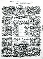Israeliternas läger i öknen med Moses och Arons tält, i mitten den heliga härden (Atrium Sanctum), publicerad i Holland, ca 1625 (gravyr