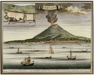 Ön Ternate, Moluckerna, Indonesien, illustration från Oud Nieuw Oost-Indien, 1724-26