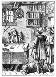 Skattemottagaren, efter ett träsnitt i Praxis Rerum Civilium av Joos de Damhouder (1507-81) publicerat Antwerpen, 1557