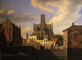 Stadsbild med en kanal, bro, trappsteg och figurer, med en medeltida kyrka och tornet på ett rådhus bortom (olja på papper på kort)