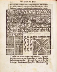 Träning och plantering i trädgården, från The Dutch Gardener, av Johann van der Groen, publicerad 1699