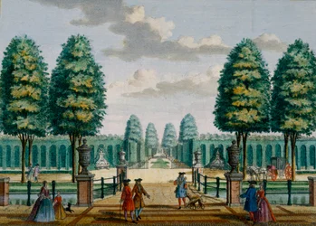 Utsikt från huset mot den främre porten, Meerestein, från Her Zeganpralent Kennemerland av Hendrik de Leth och Matthias Brouerius Van Nidek, publicerad ca 1700-1730
