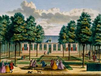 Utsikt över Jagerlust House, från Het Zeganpralent Kennemerlant av Hendrick de Leth och Matthias Brouerius Van Nidek, publicerad ca 1700-1730