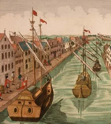 Utsikt över Kettle Gate i Delft, detalj om sjöfarten på hamnkanalen (gravyr) (detalj av 83371)