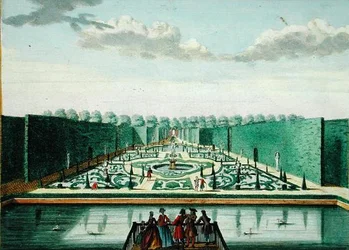 Vy över amfiteatern bakom huset i Assumburg, från "Het Zeganplant Kennemerlant", av Hendrick de Leth och Matthias Brouerius Van Nidek, publicerad omkring 1700-1730 (kolorerad gravyr).