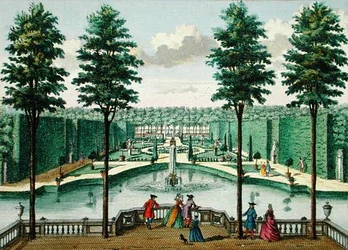 Utsikt över trädgården från huset, Watervliet, från Her Zeganplant Kennemerland, av Hendrik de Leth och Matthias Brouerius Van Nidek, publicerad ca 1700-1730 (se även 172308, 1723