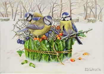Blue Tits in Leaf Nest, 1996 (akryl på duk)