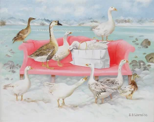 Gäss på rosa soffa, 2000 (akryl på duk)