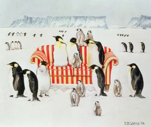 Pingviner på en röd och vit soffa, 1994 (akryl)