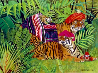 Tigerfamilj med thailändska kläder, 2004 (akryl på duk)