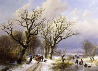 Ett trädbevuxet vinterlandskap med figurer, 1863
