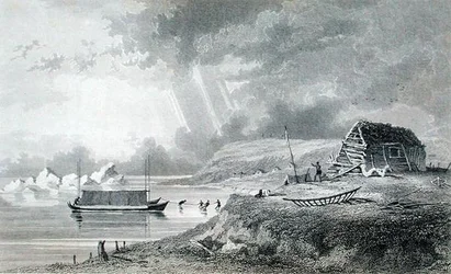 Eskimaux Winter House på Atkinson Island, 13 juli, från "Narrative of a Second Expedition to the Shores of the Polar Sea in the Years 1825-27", av Sir John Franklin (1786-1847) graverad av Edward Finden (1791-1857) publicerad 1828 (gravyr)