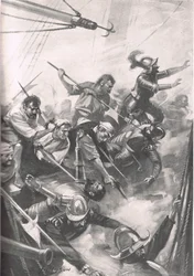 Engelsmännen mot spanjorerna vid San Juan de Ulua, illustration från "British Battles on Land and Sea", utgiven av Cassell, London, omkring 1915.