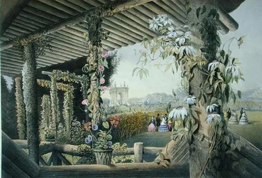 Utsikt från den rustika sätet, Shrublands, från "Gardens of England", publicerad 1857 (färg litho)