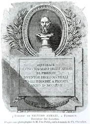 Salvino Armatis grav (d. 1317), graverad av F. Simon, frontispis ur „Hygiene de la Vue” av Arthur Chevalier (1830-72), 1861