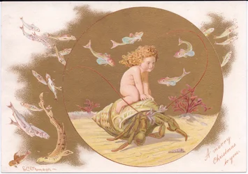 Ett viktorianskt julkort av en eremitkrabba i ett skal som rids av en vattenkropp omgiven av ett fiskstim, av Gertrude Thompson, c.1895 (färg litho)
