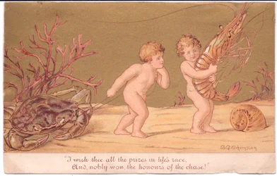 Ett viktorianskt gratulationskort med två vattenbebisar vid ett rep, med en snigel och korall på havsbotten, allt mot en guldbakgrund, av Gertude Thompson, c.1895 (färg litho)