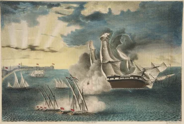 U.S. Fregate Philadelphia on the rocks off Tripoli från Army and Navy Magazine, pub. 1840 (färglitografi)