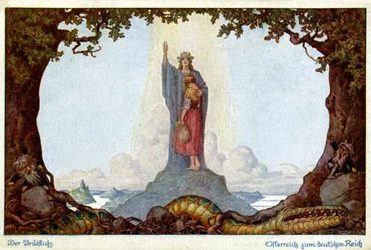 Historia. Österrikes och Tysklands förbund. Allegori av E. Kutzer, Österrike, ca 1920 (vykort)