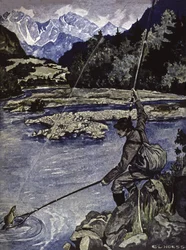 Fiske i en flod, ca 1900 (illustration)