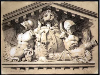 A Sculptural Pediment in the Louvren (kol med vit krita på papper)