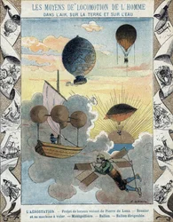 Aerostation - Flygbåtsprojekt av Pierre de Lana - Flygande flygplan från Besnier (1678) - Ballong - Ballong - Luftskeppsballong - illustration av E Letellier - Skydda historisk anteckningsbok, slutet av 1800-talet