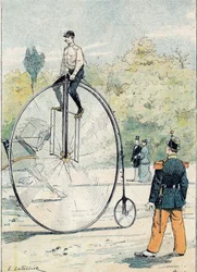Grand bi (Grand-Bi) med framhjulsdiameter större än 1,50 m - Från en skyddshylsa för skolböcker, sent 1800-tal - illustration av E. Letellier - Protege anteckningsbok historisk, sent 1800-tal -