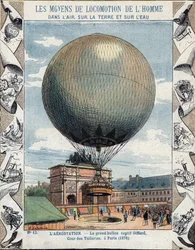 Drift av uppblåsning och utrustning av Henry Giffards ballong i fångenskap till Tuilerierna i Paris 1878 - Från en skyddshylsa för skolböcker, sent 1800-tal - illustration av E Letellier - utställning universelle de 1878 i Paris: inflation av