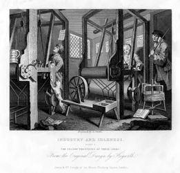 Medlärlingarna vid sina vävstolar, skylt I av Industri och Idleness, 1833.
