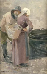 Hemmafrun tittar på fiskarnas fångst, c.1900