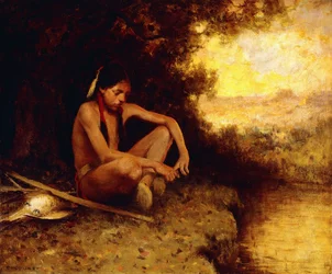 Young Hunter by a Stream (olja på duk)