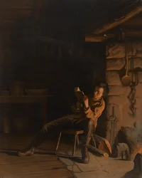 The Boyhood of Lincoln. (An Evening in the Log Hut.), 1868 (kromolitografi på papper ombord)